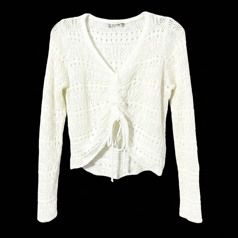 Women's Cinched Crochet Knit Long Sleeve L Crop Top Boho Chic Cottagecore
